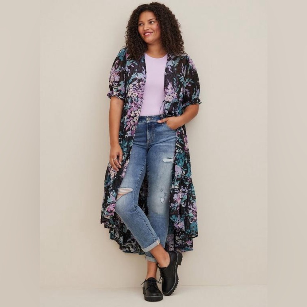 Stunning Retired Ruffle Kimono - Womens Chiffon Clip Dot Floral Black size 1X